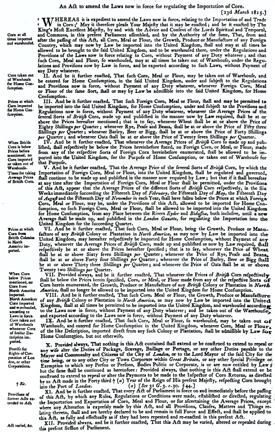 Corn Laws impose protection on grain historical image 1